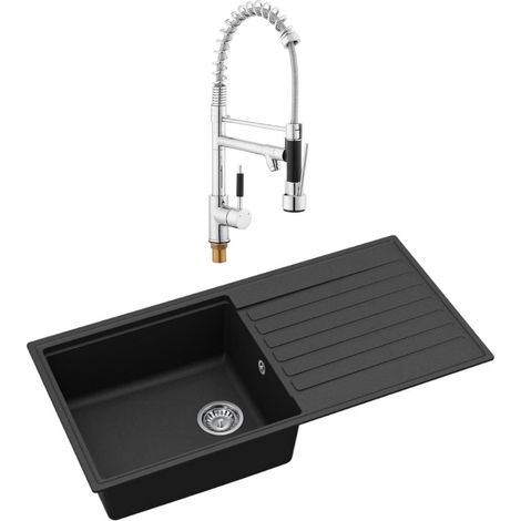 Swiss Aqua Technologies Lavello da incasso 100x50 cm con sgocciolatoio reversibile in granito + miscelatore con braccio girevole a 2 getti, nero opaco (