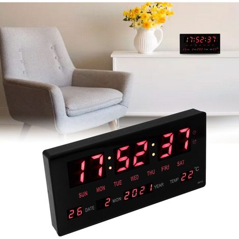 Digitale LED-Wanduhr – Großes Zifferblatt, Datums- und Temperaturanzeige – Aluminium/Kunststoff, 27,5 x 13,7 cm, Schwarz