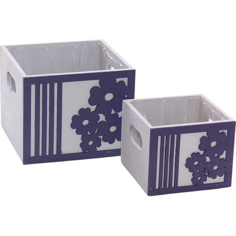 Cache-pot violet en bois motif fleur, set de 2, 15 x 15 x H. 12 cm (lot de 3) (1/2)