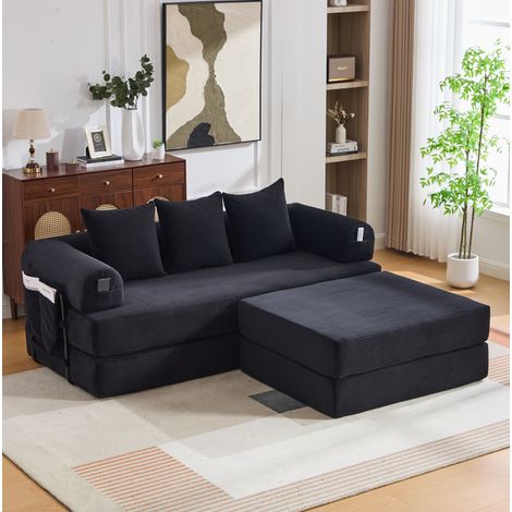 Divano modulare in velluto a coste nero con pouf e 3 cuscini, 200x190x67 cm (1/5)