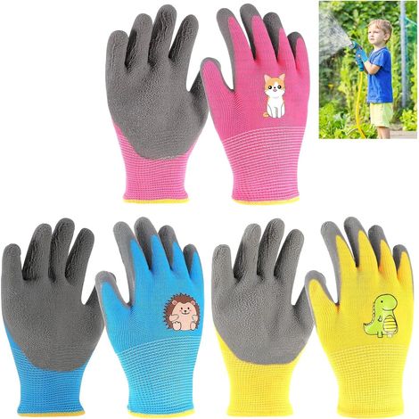 Lot de 3 paires de gants de jardinage pour enfants (2-4 ans), antidérapants, avec revêtement latex. (1/5)