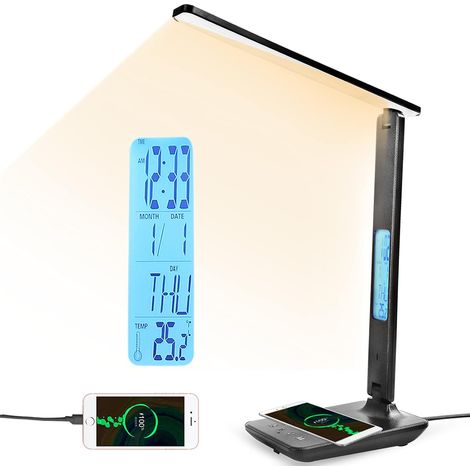 LED Desk Lamp 3 Color Modes 5 Brightness Levels Bedside Table Lamp Touch Led USB Port Wireless Charging Phone Support LCD Display Calendar Temperature Alarm Clock (Black) (1/5)