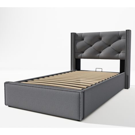 Lit Coffre 90×200 cm, Lit Simple avec Coffre et Tête de Lit Capitonnée, sans Matelas, en Coton, Gris (1/5)
