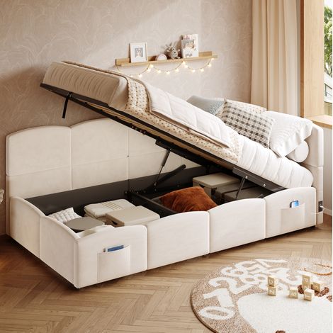 Schlafsofa Samt Beige 90x190 cm mit Stauraum, Lattenrost, USB-A/USB-C und Seitentaschen (1/5)