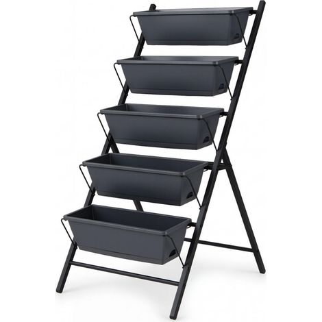 Jardinière Surélevée 5 Bacs Verticale Potager sur Pied Métal et PP avec Drainage pour Légumes et Fleurs Noir (1/2)