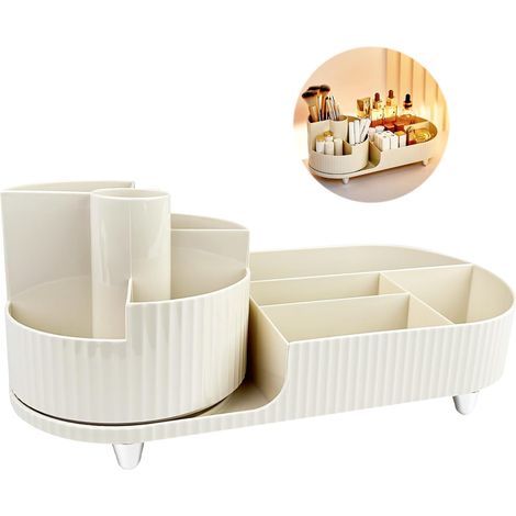 Soporte para brochas giratorio 360° de color blanco, neceser para tocador, dormitorio o baño, almacenamiento compacto.