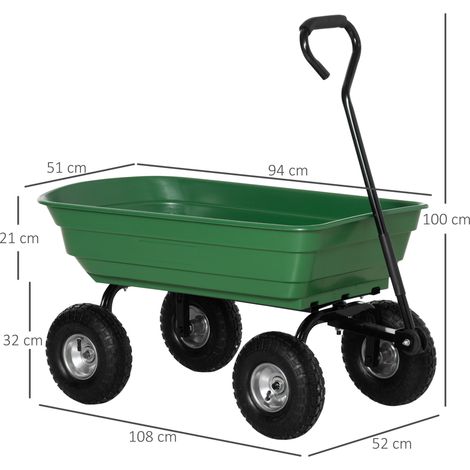 Chariot de jardin avec cadre en acier et pneus pneumatiques, 108 x 52 x 100 cm, vert (1/5)