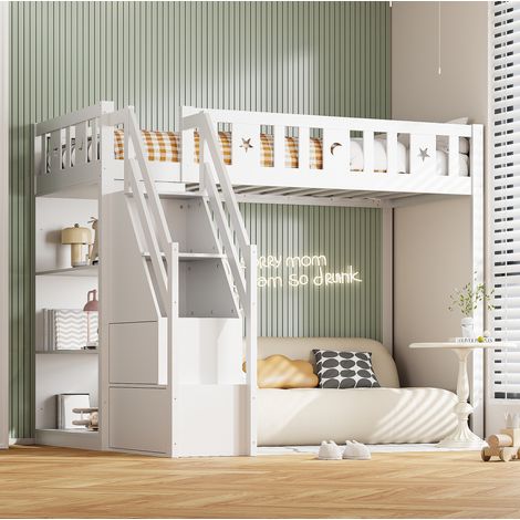 Hochbett Holz Weiß/Grau 90x200 cm mit Stauraumtreppe, Schubladen und Regalen (1/5)