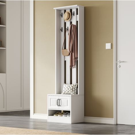 Garderobenschrank aus Spanplatte in Weiß mit 8 Haken, 50 x 36 x 190 cm, mit Sitzfläche und Türen (1/5)