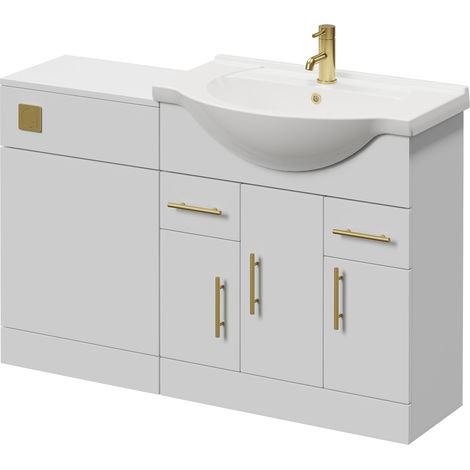 Alexander James Gloss White 1250mm 3 Door Vanity Unit Toilet Suite - 1250mm - Brushed Brass 96mm Knurled Bar HandleWithout James Toilet Pan