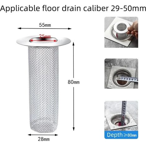 (29-50mm long)Stainless Steel Floor Drain Filter Mesh Sink Strainer Kitchen Bathroom Anti-clog Drains Bathtub Hair Catcher Shower Strainers (1/4)
