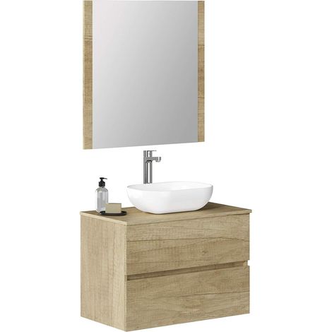 Meuble de Salle de Bain Onyx, 2 tiroirs, Suspendu au Mur, avec lavabo en céramique, Meuble monté, mélamine 16, Meuble F46 + Haut + lavabo + Miroir 70 cm Nature (1/5)