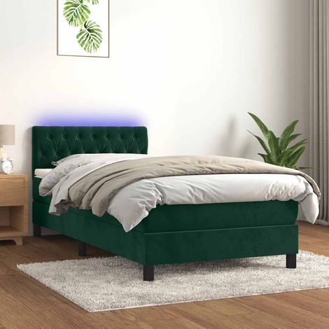 Cama box spring colchón y LED terciopelo verde oscuro 100x200cm