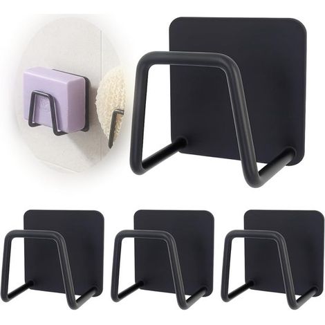 Lot de 4 supports adhésifs pour éponges – crochets de suspension – Crochets – Supports – 5 x 5 x 3,5 cm – Acier inoxydable – Noir (1/5)