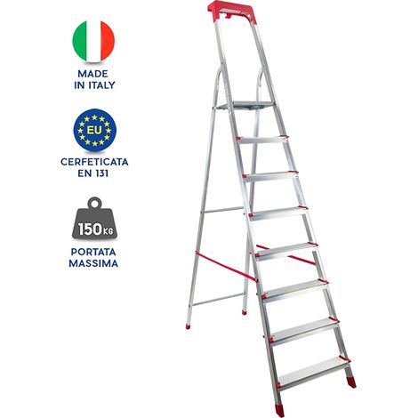 Scala Domestica in Alluminio Martina Leggera Portatile Scaletto Vaschetta Portaoggetti Pieghevole Robusta Salvaspazio made in Italy 8 gradini