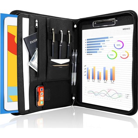 Porte-documents A4 - Matière PVC Résistant - Capacité de Stockage Optimisée - Design Classique Professionnel - Pour Réunions et Bureau - 345 mm - Noir