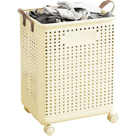 Wäschekorb auf Rollen, 50 x 37 x 36 cm, faltbarer Wäschekorb mit Deckel, Wäschekorb aus Recyclingkunststoff, gute Belüftung, Schmutzwäschekorb, Organisation im Waschraum