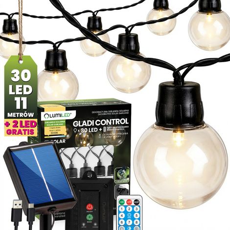 Guirnalda solar para jardín con 30 bolas decorativas LED, 10,6 m, luz cálida de 2700 K + control Gladi y mando a distancia Lumiled. (1/5)