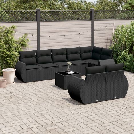 Salon de Jardin 9 Pièces Noir Résine Tressée avec Table Verre Trempé et Coussins Confortables - Ensemble Modulaire pour Terrasse et Jardin (1/5)