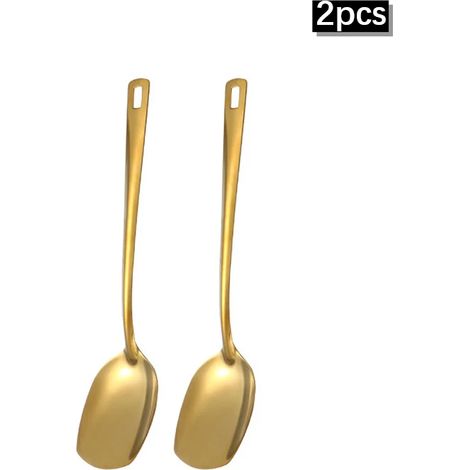 Ensemble d'ustensiles de cuisine en acier inoxydable (bleu) comprenant une louche dorée, une passoire et une louche à fondue. (1/5)