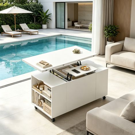 Tavolino da salotto sollevabile mobile 100 x 50,5 x 53 cm con ruote bloccabili bianco HAVRYA (1/5)