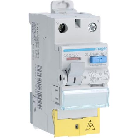 Interrupteur différentiel 1P+N 25A 10mA type AC à bornes décalées HAGER CCC125F (1/4)