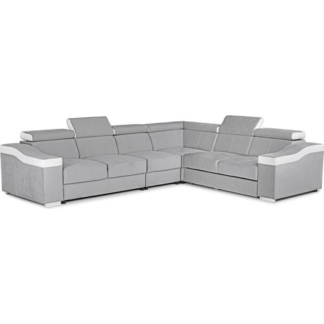 Mobilier Deco – Canapé d’angle convertible réversible 6 places en tissu velours gris clair et simili cuir blanc – Design contemporain chic
