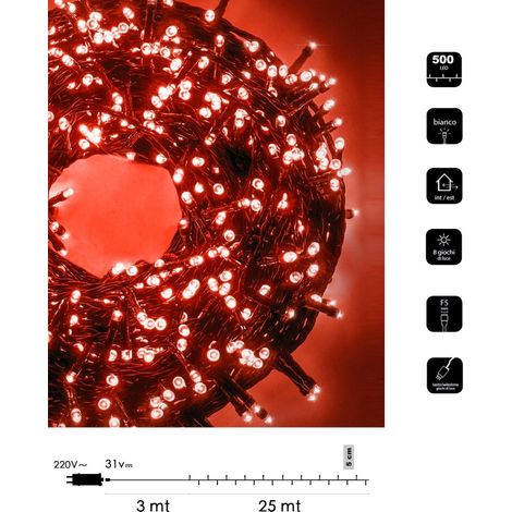 Catena luminosa led Natale 500 led 25 mt serie luminosa natalizie per esterno interno albero feste cavo verde decorativa Rosso