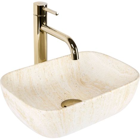 REA – Vasque à poser imitation pierre 350-399 mm – Céramique sanitaire – Trou de robinet non inclus – Installation sur plan de travail