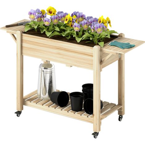 46 x 94cm Wooden Raised Planter, Shelves - Natural Finish (1/5)
