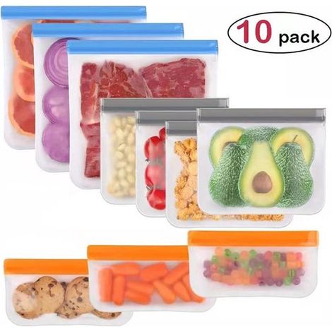 Lot de 10 sachets de congélation réutilisables, étanches et sans BPA, compatibles lave-vaisselle, 3 formats, pour aliments, marinades et voyage, transparents (1/5)
