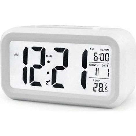 Réveil lumineux élégant : grand écran LED avec fonctions snooze et calendrier – idéal pour votre table de chevet ou votre bureau  Blanc – 1 unité (1/5)