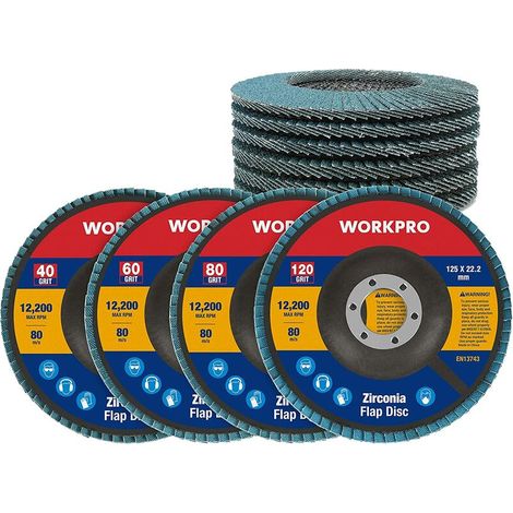 – Lot de 10 disques abrasifs à lamelles 125 mm – Grain 40/60/80/120 – Pour ébavurage, rouille, polissage, finition – Vitesse max 12200 tr/min (1/5)
