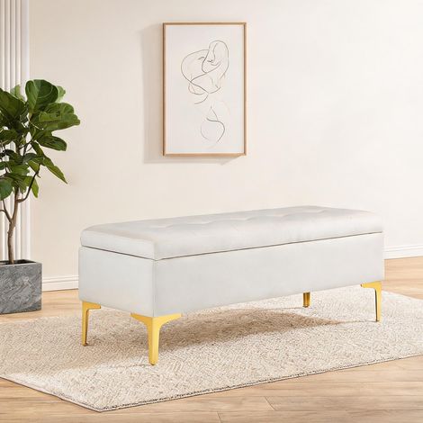 Banc de rangement avec coussin en velours beige 120 cm (1/5)