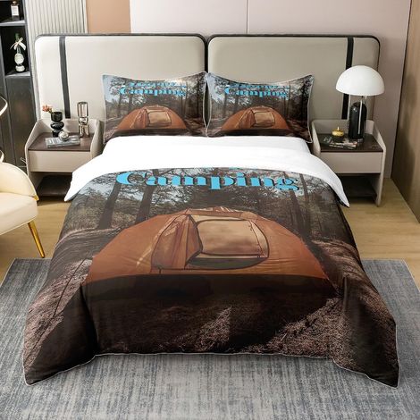 Campeurs Literie Set Happy Camping 100% Coton Housse de Couette 200x200cm décoratif Camping - Voitures Aventure Parure de Lit Tente de Camping Ensemble de lit Chambre Ensemble de Literie - 200 x 200 c (1/5)