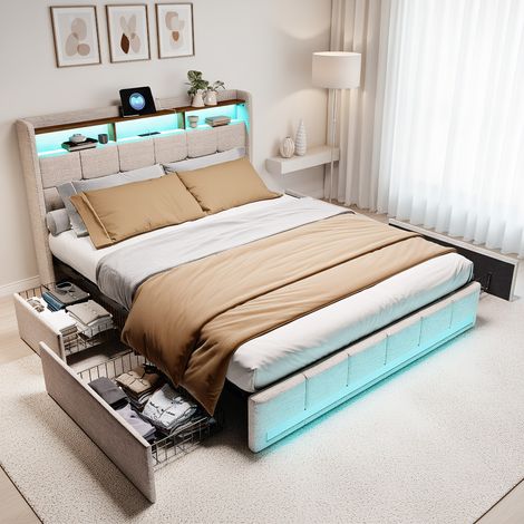 Polsterbett Doppelbett 140x200 cm, mit LED-Beleuchtung und USB-Ladestation, Modernes Jugendbett mit Kopfteil und Lattenrost, Leinen Beige, Ohne Matratze