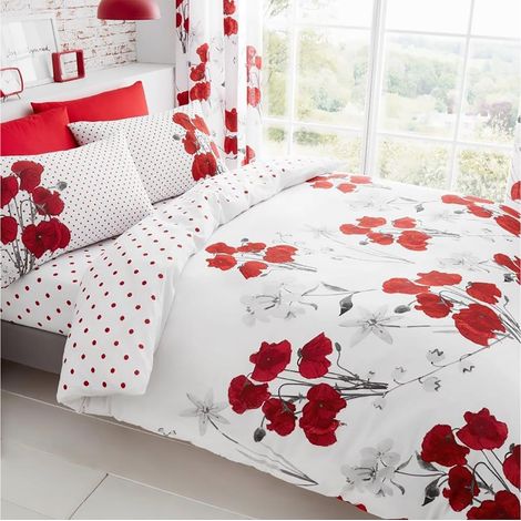 Parure de lit avec Housse de Couette botanique - Facile d’Entretien, Respirante, Lavable - pour lit 2 Places - Motif à Fleurs (Rouge) (1/5)