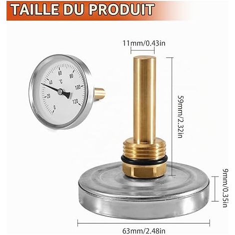 Bimetal Thermometer Diameter 63 mm 0-120 °C with G1/2 Connection and Diving Sleeve for Hot Water Pipes, Radiators, Heating Systems and Boilers, Analogue Thermometer (1/4)