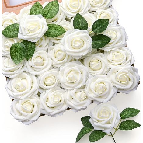 50 rose artificiali, rose finte in schiuma color avorio dall'aspetto realistico, in confezione multipla con stelo, ideali per bouquet da sposa, centrotavola, addii al nubilato, feste in casa e decoraz