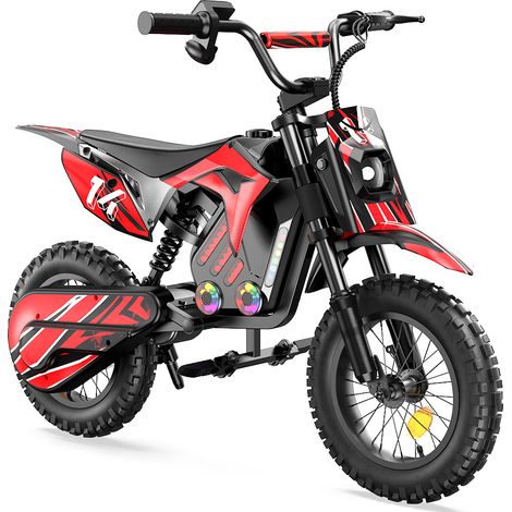 Moto Électrique pour Enfants iScooter A14 - 500W 36V 5.2Ah - Vélo Cross Électrique avec Pneu Tout-Terrain 14 Pouces, Bluetooth, Éclairage LED et Double Amortissement (rouge)