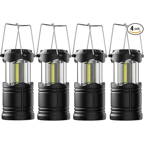 Lot de 4 lanternes de camping LED, lampes torches COB ultra-lumineuses et pliables, alimentées par piles, kit d'urgence portable, noir. (1/5)