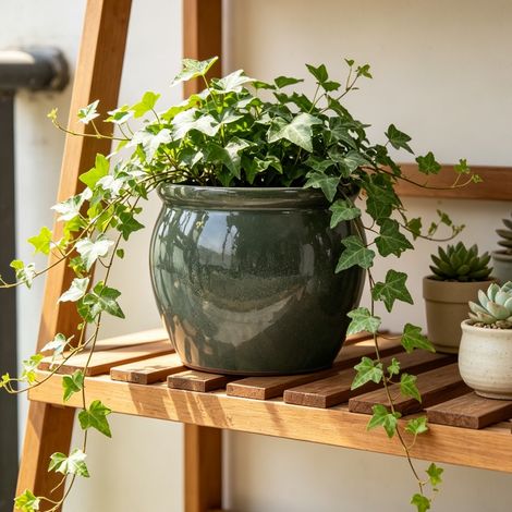 Vaso da pianta in ceramica fatto a mano singolo (Ø 30 cm), Blu verde antico lucido con smalto a spruzzo naturale, traspirante, resistente al gelo, con fori di drenaggio per balcone e terrazza (1/5)