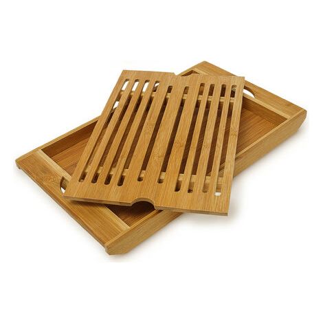 Relaxdays Bamboo Chopping Board, 3 x 37 x 21.5 cm, with Bread Crumb Collector Tray, Easy to Clean, Natural Brown (1/4)