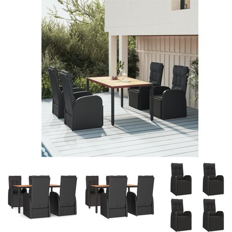 Liegestuhl - vidaXL 5-tlg. Garten-Essgruppe Schwarz Poly Rattan & Massivholz Akazie - Gartenstuhl mit Liegefunktion (1/5)