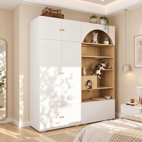 Set de armario ropero y mueble para gatos de 180 × 50 × 200 cm, con barra, 7 compartimentos y zona de juego en blanco y madera clara – CHICFURN para dormitorio y recibidor (1/5)