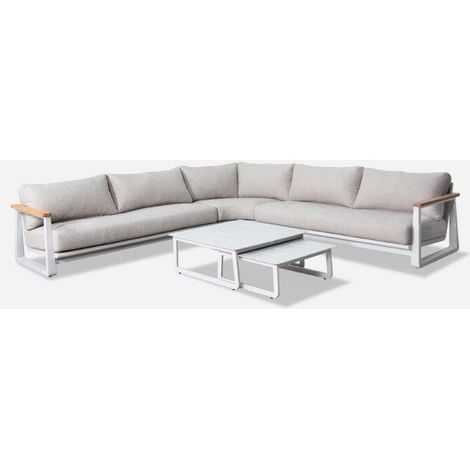PROLOISIRS Set angle Leather II en aluminium accoudoirs en teck avec coussins - crème