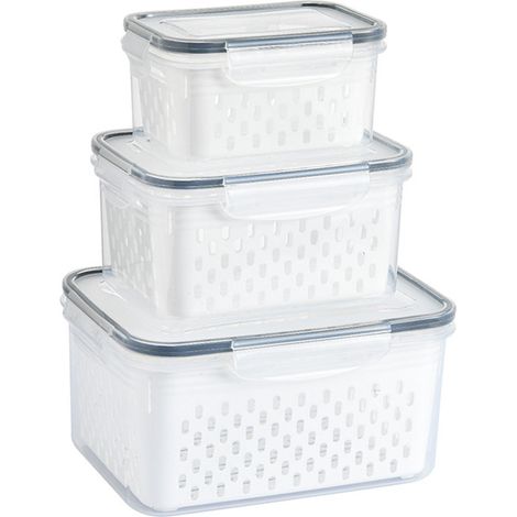 Lot de 3 paniers de rangement transparents et étanches avec passoire amovible pour réfrigérateur