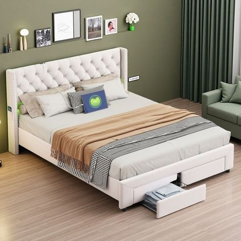 Letto imbottito 160x200 cm - Velluto beige - Cassetti di stoccaggio - Testiera regolabile - LED integrata