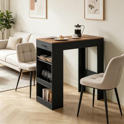 Bartisch Holzwerkstoff Rustikal Braun/Schwarz 100x50x100 cm mit Schublade, Weinregal und 2 Ablagen