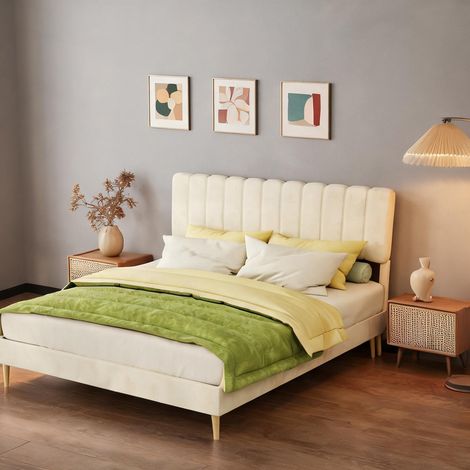 Tête de lit beige en tissu métal 200 x 160 x 133 cm (1/5)